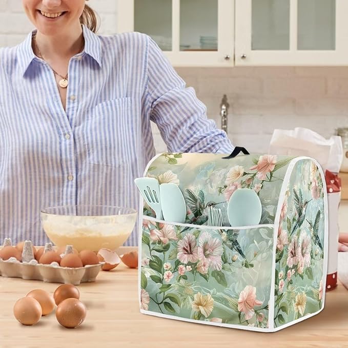 Floral Hummingbird Foldable Portable Mixer Cover | Dust Protector with Handle & Pocket | 4.5-5 Quart Kitchen Appliance Protector for Home Decor