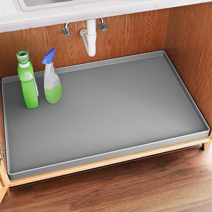 FLATO Waterproof Under Sink Mat 25" x 22" Shelf Liner for Kitchen and Bathroom, Cabinet Protector, Organizers and Storage, Flexible Silicone Drip Tray