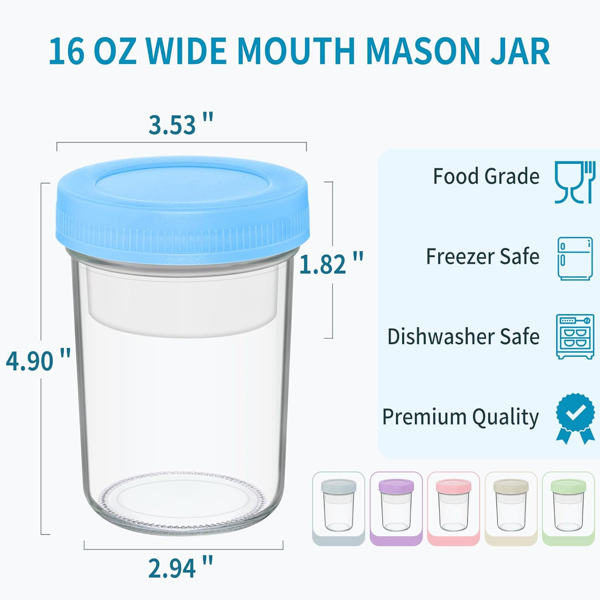 16 oz Overnight Oats Containers with Airtight Lids - 6-Pack Leak-Proof Wide Mouth Mason Jars & Divided Cups for Dried and Wet Foods, Glass Jars for Chia Pudding, Salad, Snacks, and Yogurt
