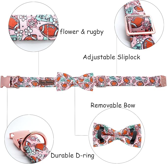 Dog Collar - Rugby with Bow Cute Pet Collar for Pets Bowtie Puppy Collar Adjustable Girl Boy Collars for Medium Dogs