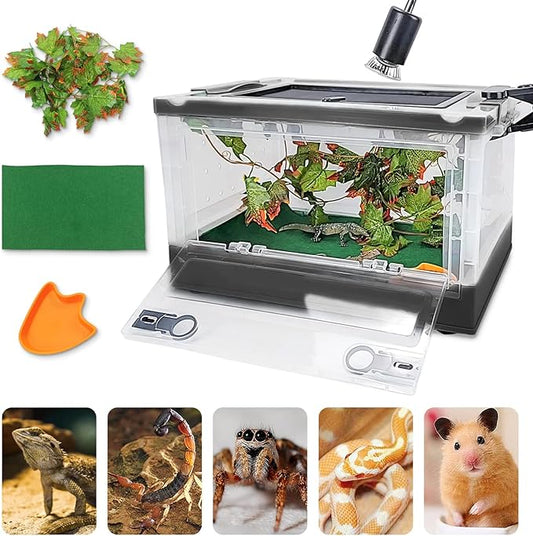 Foldable Reptile Terrariums Kits with Plant, Feeding Bowl, Carpet, Easy to Carry, Easy to Move with Wheels, Heat-Resistant Material, Suitable for Lizard Tortoise Leopard Gecko (Black)