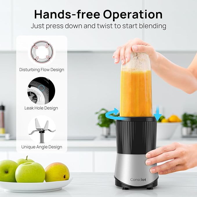 Consciot CB08 16-Piece Blender & Grinder Combo for Kitchen and Personal Size, Blend Shakes and Smoothies, Frozen Drinks, Baby Food, Spreads & More, 4 BPA-Free Portable To-Go Cups, 900 Peak Watts