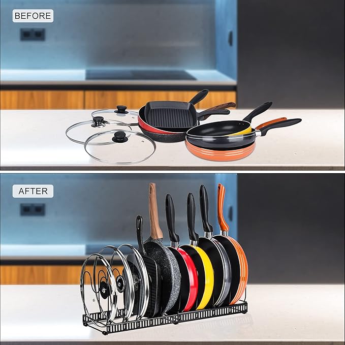 Toplife Pots and Pans Organizer Rack for Cabinet and Countertop, 10+ Pot Lids, Bakeware and Cookware Holder with 10 Adjustable Compartments - Black