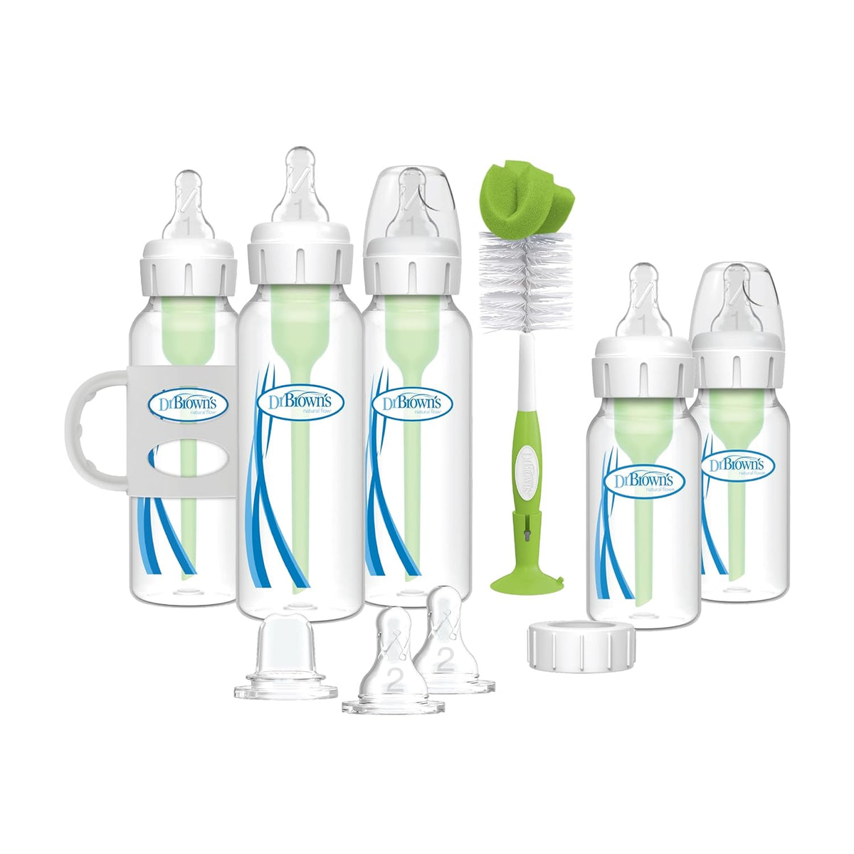 Dr. Brown's Natural Flow Anti-Colic Options + Narrow Bottle to Sippy Gift Set with Soft Silicone Sippy Spout, Removable Silicone Handles, Travel Cap and Bottle Brush