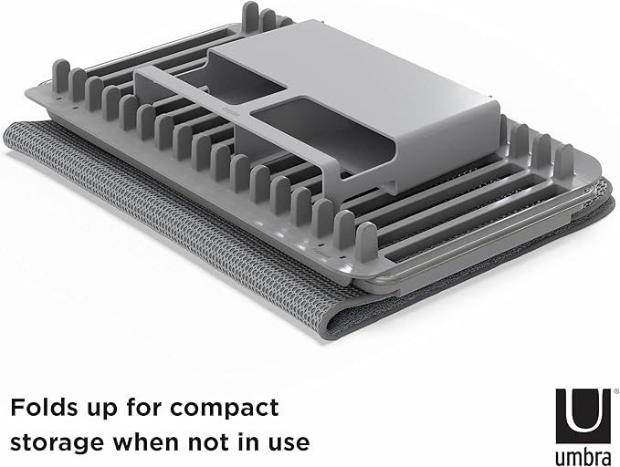 Umbra Udry Dish Rack and Microfiber Drying Mat – Space-Saving Design Folds Up for Easy Storage, Over-Sink Rack, Gray