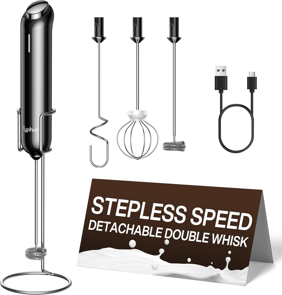 InstaWhisk Milk Frother with Variable Speed, Rechargeable Coffee Frother Wand with Detachable Double Whisk, Drink Mixer Handheld Electric Stirrer for Latte, Cappuccino, Matcha, Almond Milk, Protein