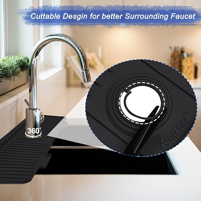 Kitchen Sink Splash Guard, 20 inch Silicone Faucet Guard & Draining Mat, 10° Large Slope Sink Faucet Mat Splash Guard, Bathroom Sink Organizer, Kitchen Sink Accessories Gadgets, 20 x 5.5”, Black
