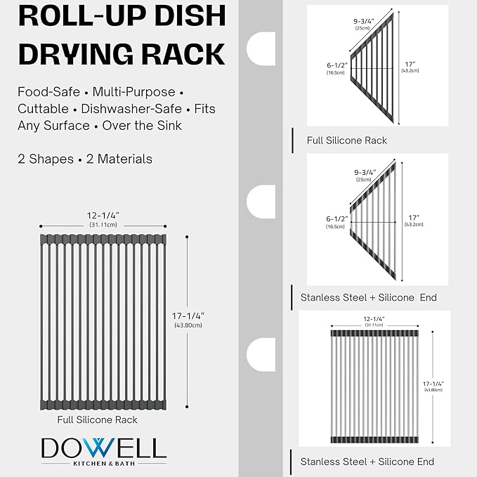 Dowell Over The Sink Roll-Up Dish Drying Rack, Foldable Tube Design, Space Saving Sink Organizer, Sturdy, Easy to Clean, Stylish Look - Triangle+Rectangular - Stainless Steel