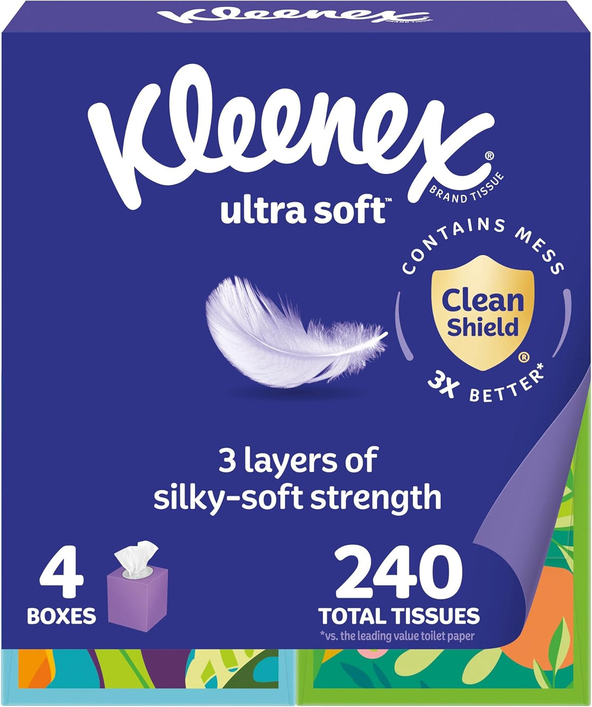 Kleenex Ultra Soft Facial Tissues, 4 Cube Boxes, 60 Tissues per Box, 3-Ply (240 Total), Packaging May Vary