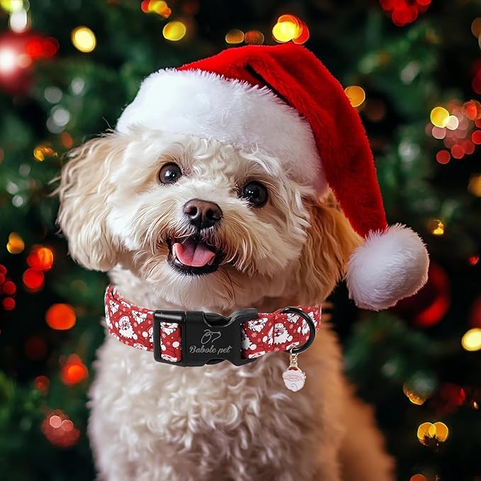 Christmas Dog Collar - Cute Red Santa Christmas Puppy Collar with Safety Buckle, Soft Adjustable Holiday Dog Collars for Small Medium Large Dogs L