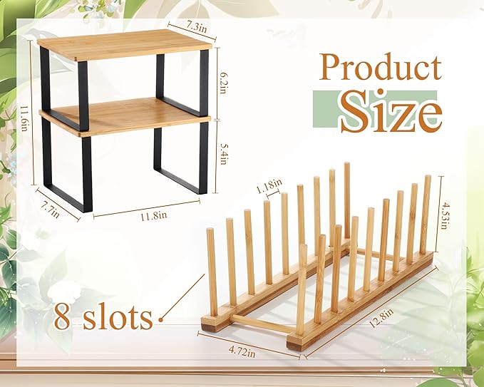 Marsui 4 Pcs Kitchen Organizer Accessories Set Cabinet Organizer Shelf and Bamboo Dish Drying Plate Rack Counter Shelves Storage Holder for Spice Rack, Dish, Pot Lid, Bowl, Cup(Light Color)