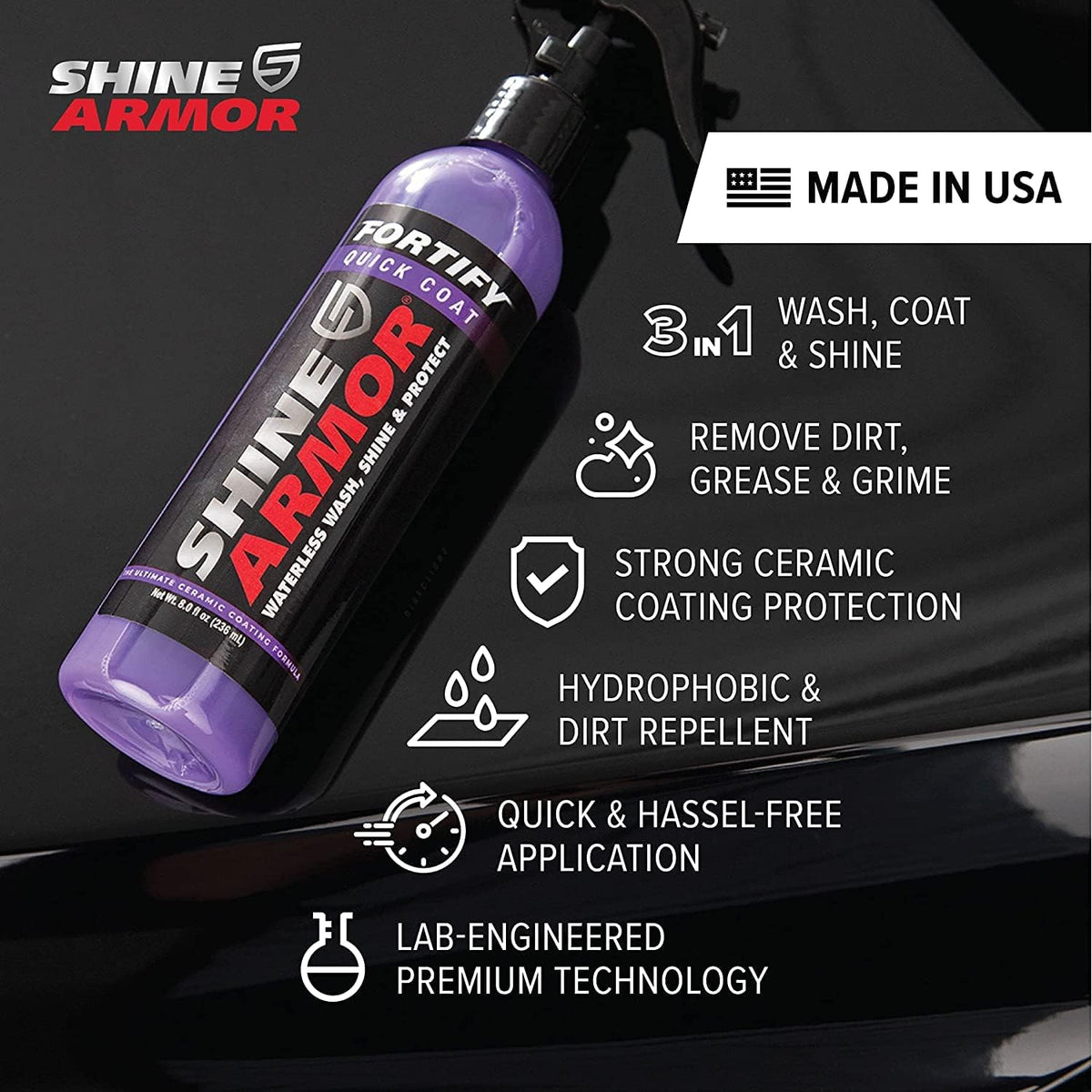 Car Wax Spray and Ceramic Coating for Cars - 3 in One Waterless Car Wash and Detailing for Maximum Shine - High Gloss Top Coat, Protective Auto Wax - 16FlOz by Shine Armor