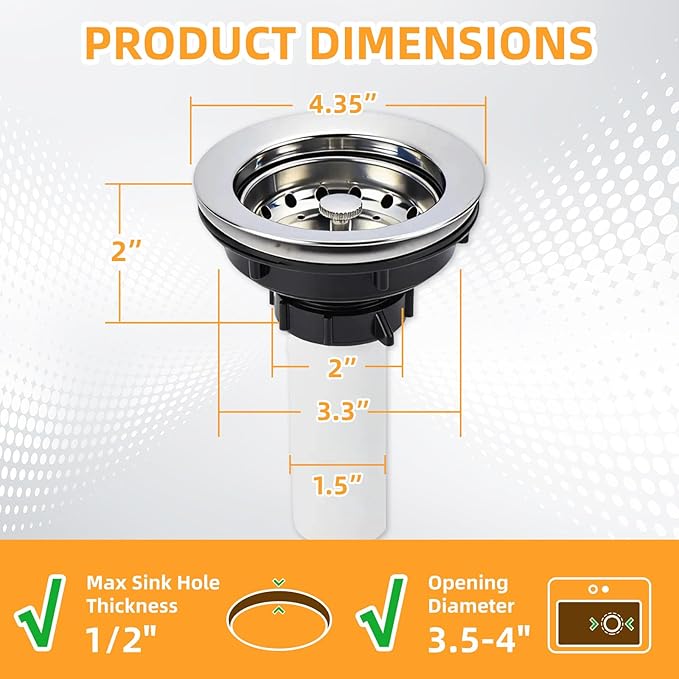 Kitchen Sink Drain Assembly, Stainless Steel Basket Strainer with Knob, 3-1/2 Inch Sink Drain Stopper Plug, Threaded Plastic Sink Strainer Tailpiece 1-1/2 in