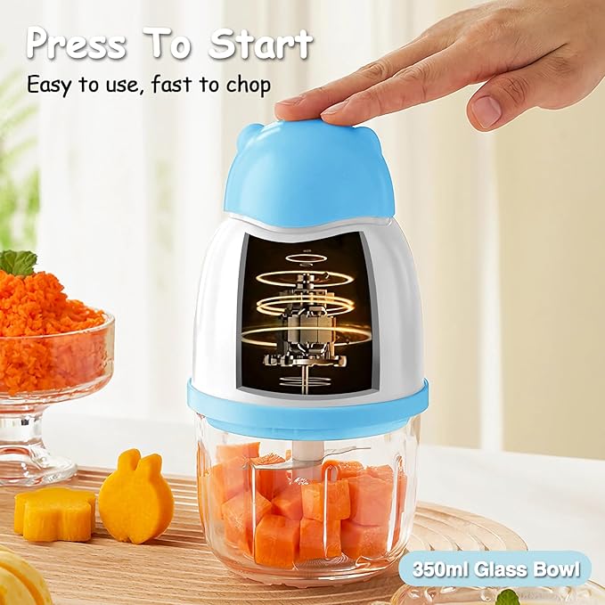Baby Food Maker, Cordless Food Processor Puree Blender with 350ml Glass Bowl ＆ 6 Sharp Blades, Small Wireless Chopper Baby Puree Maker, Mini Rechargeable Chopper Kitchen Mixer for Fruit,Vegetable,Meat