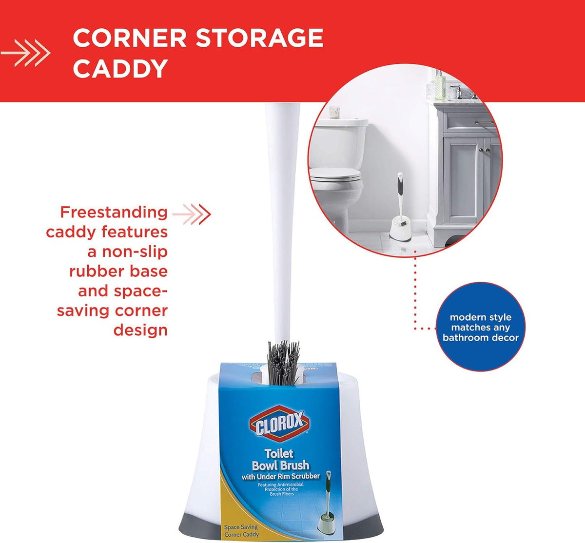 Clorox Under-Rim Toilet Bowl Brush with Corner Storage Caddy, 16 x 5 x 5.5 in