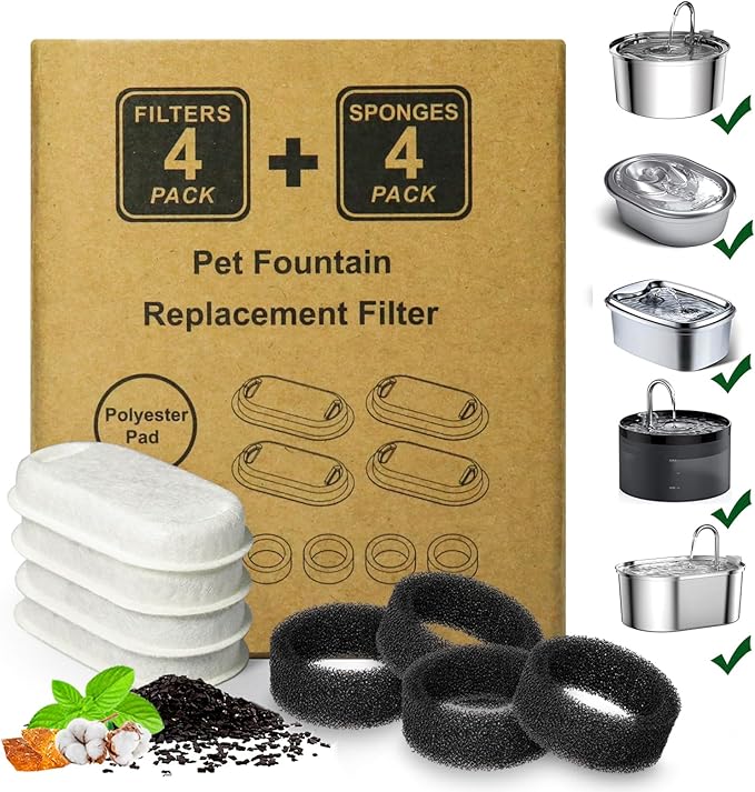 Cat Water Fountain Filter,8 Pack Cat Fountain Filter Replacement for Stainless Steel 67oz/2L and 3.2L/108oz Pet Water Fountain,Pet Fountain Filters Replacement(4+4 Pack)
