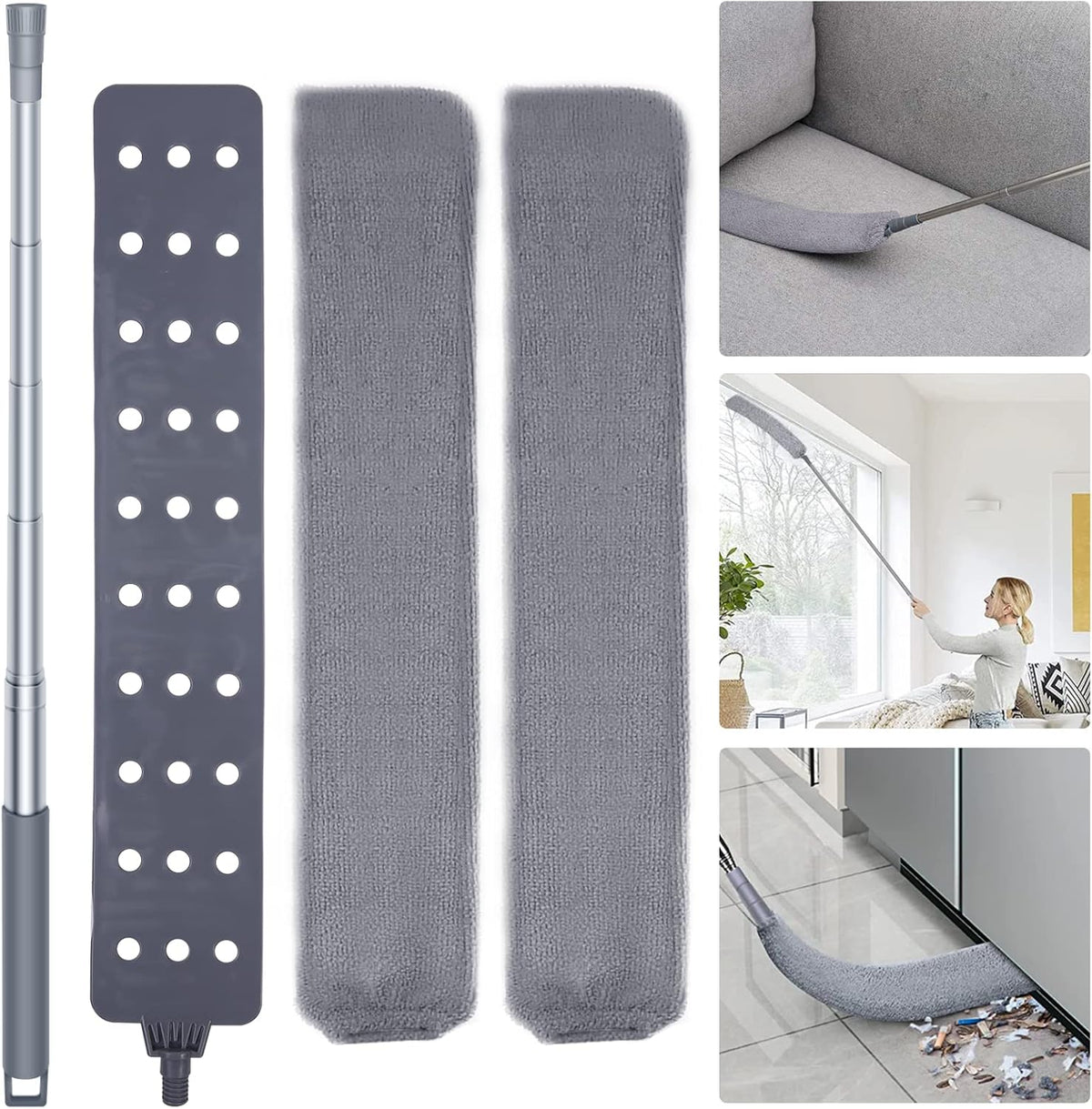 Retractable Gap Dust Cleaner Cleaning Tools with 2 Microfiber Dusting Cloths Long Handle 60inches Washable and Retractable Duster Brush for Cleaning Under Appliances Furniture Couch Fridge