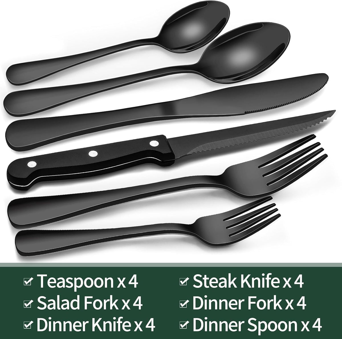 EWFEN 24-Piece Black Silverware Set with Steak Knives, Black Flatware Set for 4, Food-Grade Stainless Steel Tableware Cutlery Set, Mirror Finished Utensil Sets for Home Restaurant, Round Edge