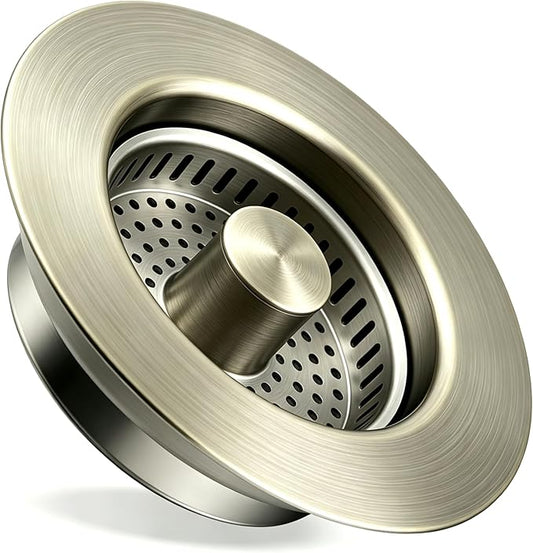 Kitchen Sink Drain Strainer 3 in 1, 304 Stainless Steel Pop Up Sink Stopper, Anti-Clogging Sink Drain Strainer for US Standard Kitchen Drain (Light Bronze)