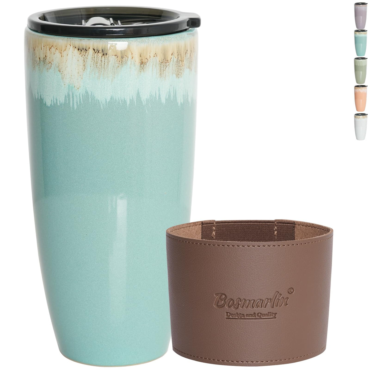 Bosmarlin Ceramic Travel Coffee Cup with Lid, 21 oz, Portable Coffee Mug for Car Cup Holder, Microwave Safe, Reactive Glaze (Peacock Blue)