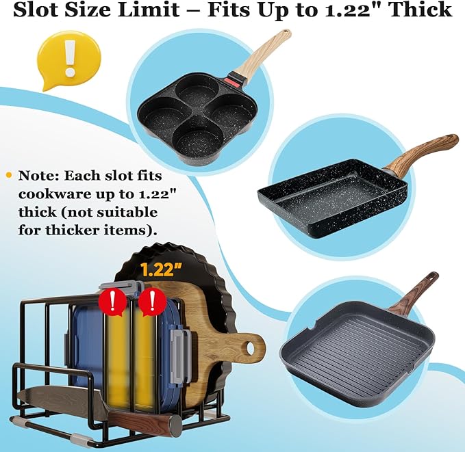 Cutting Board Organizer Rack with 7 Compartments, Heavy-Duty Iron Pan and Baking Sheet Organizer, Kitchen Cabinet Storage Rack with Non-Slip Base, Space-Saving Pot Lid Holder for Countertop & Pantry