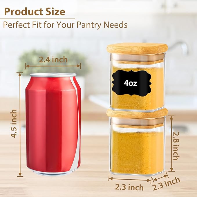 TBWIND 12 Pack 4 oz Square Glass Spice Jars with Lids and Labels – Airtight Small Seasoning Containers Set, Clear Glass Storage Jars for Seasoning, Spices, Kitchen Pantry Organization