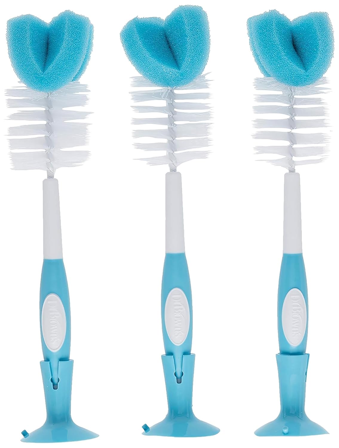 Dr. Brown's Reusable Sponge Baby Bottle Cleaning Brush with Suction Cup Stand, Scrubber and Nipple Cleaner, Blue, 3-Pack