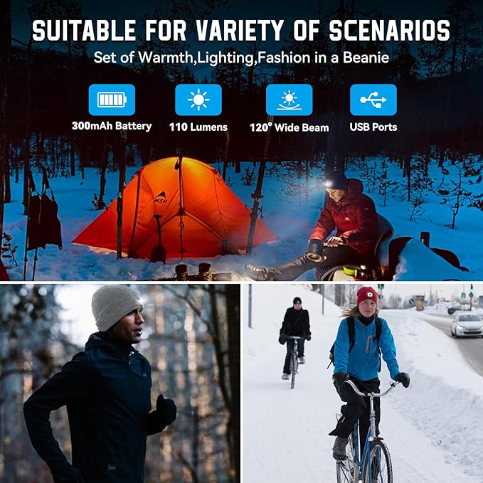 Beanie Hats with Light, USB Rechargeable LED Hand Free Headlamp, Ideal for Camping, Hiking, Fathers Day Dad Gifts, Birthday Gifts for Husband, Dad, Men, 2 Pack, Red