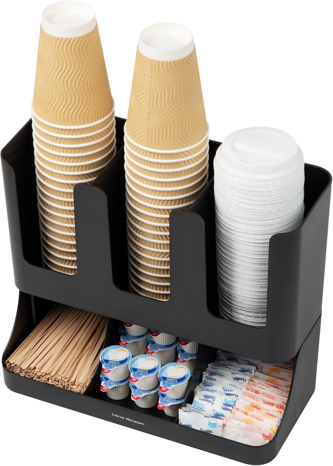 Mind Reader Cup and Condiment Station, Countertop Coffee Bar Organizer with 6 Compartments, Storage Caddy for Cups Lids and Packets, Plastic, Black