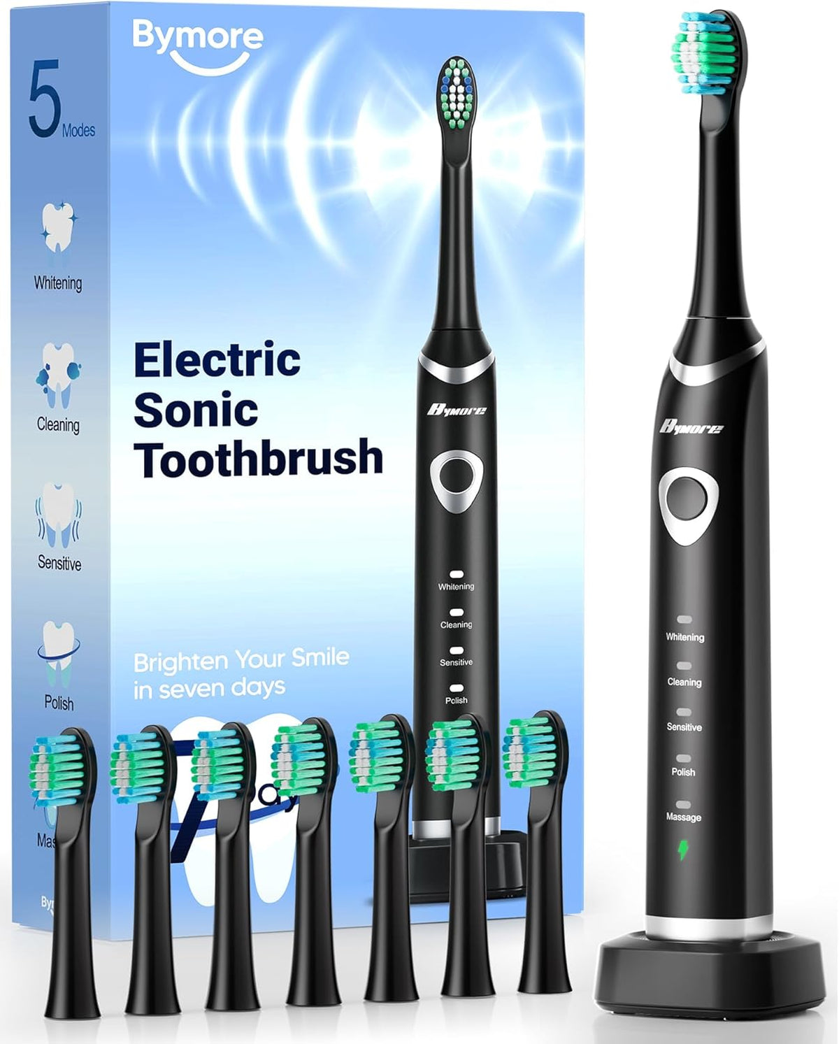 Bymore Electric Toothbrush for Adults, Sonic Rechargeable Toothbrush with 8 Brush Heads, 330-Day Battery, 5 Cleaning Modes & 2-Min Timer, Travel-Friendly Ultra Clean Design – Black