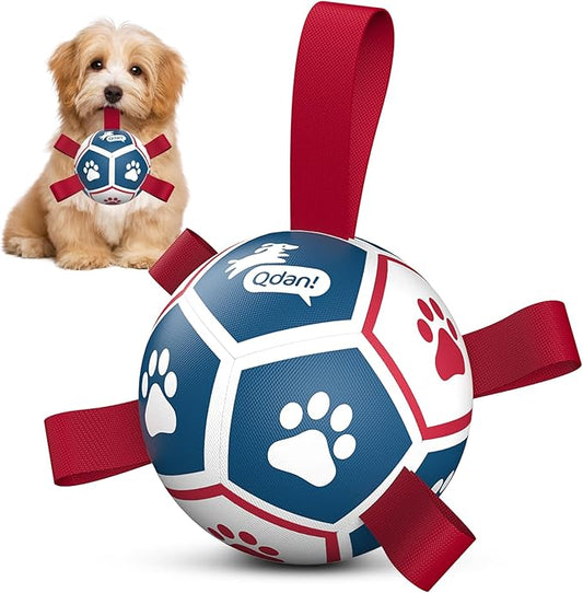 QDAN Small Dog Toys, Outdoor Indoor Toys to Keep Them Busy, Soccer Ball with Straps, Puppy Birthday Gifts, Dog Water Toy, Durable Puppy Balls（5 Inch）
