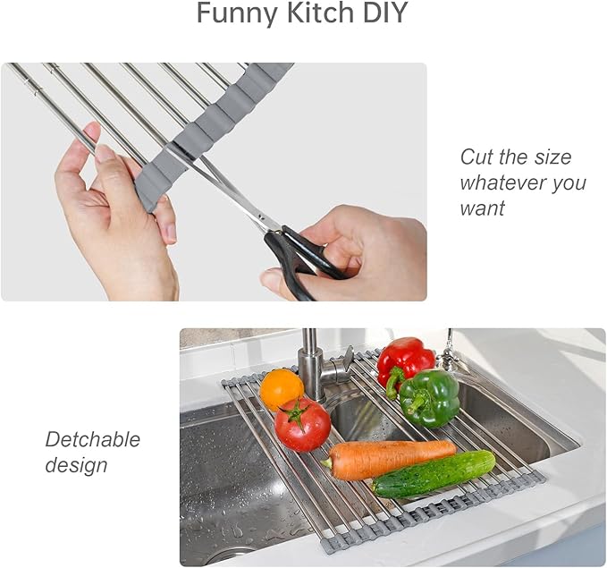 Large Expandable Roll Up Dish Drying Rack, Heat-Resistant Dish Drainer for Stainless Steel Sinks, Over The Sink Non-Slip Silicone Rollable Dish Drainer Roll Rack 18 Tube Gray 21.25''x12.79''