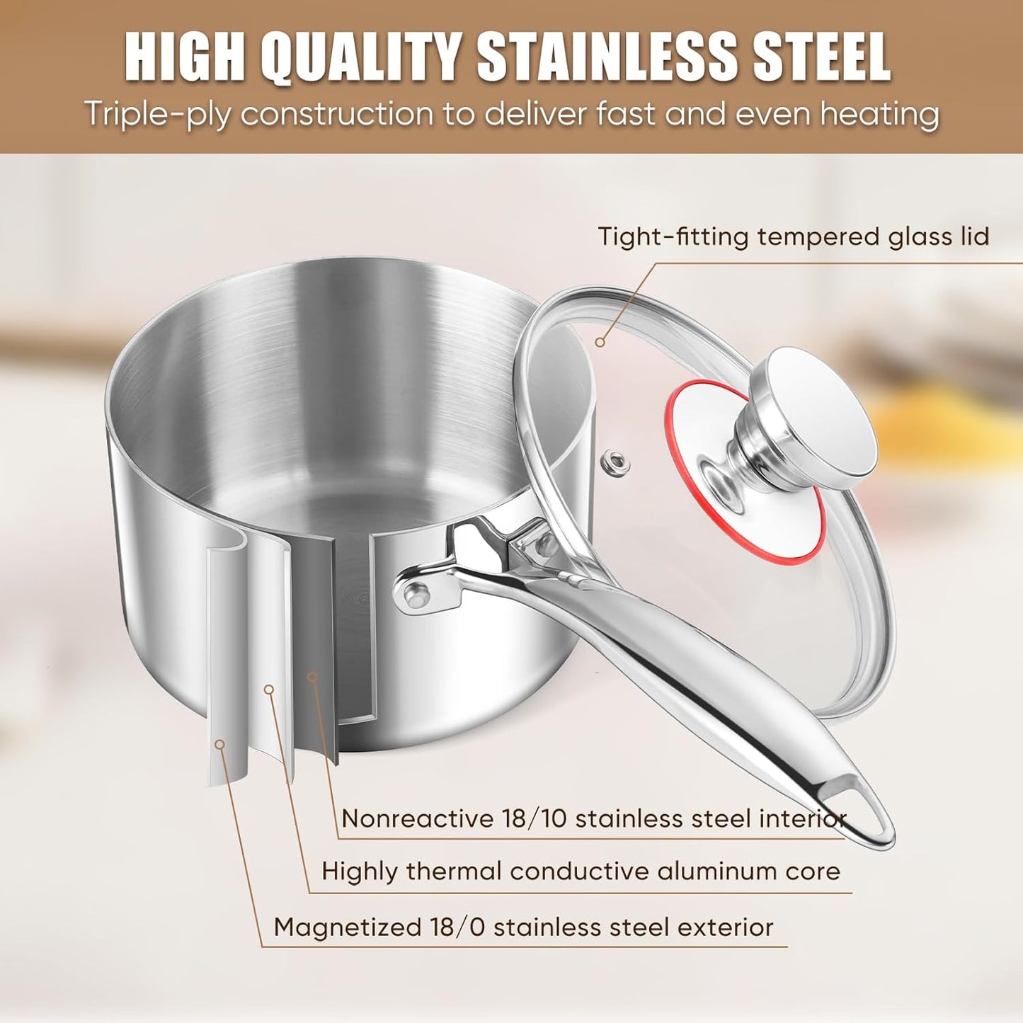 E-far Triply Stainless Steel Saucepan Set, 1Qt & 3 Qt Sauce Pan Pot with Lid for Cooking Pasta Warming Milk Boiling Water, Small Metal Cookware for Kitchen, Induction Ready & Heavy Duty
