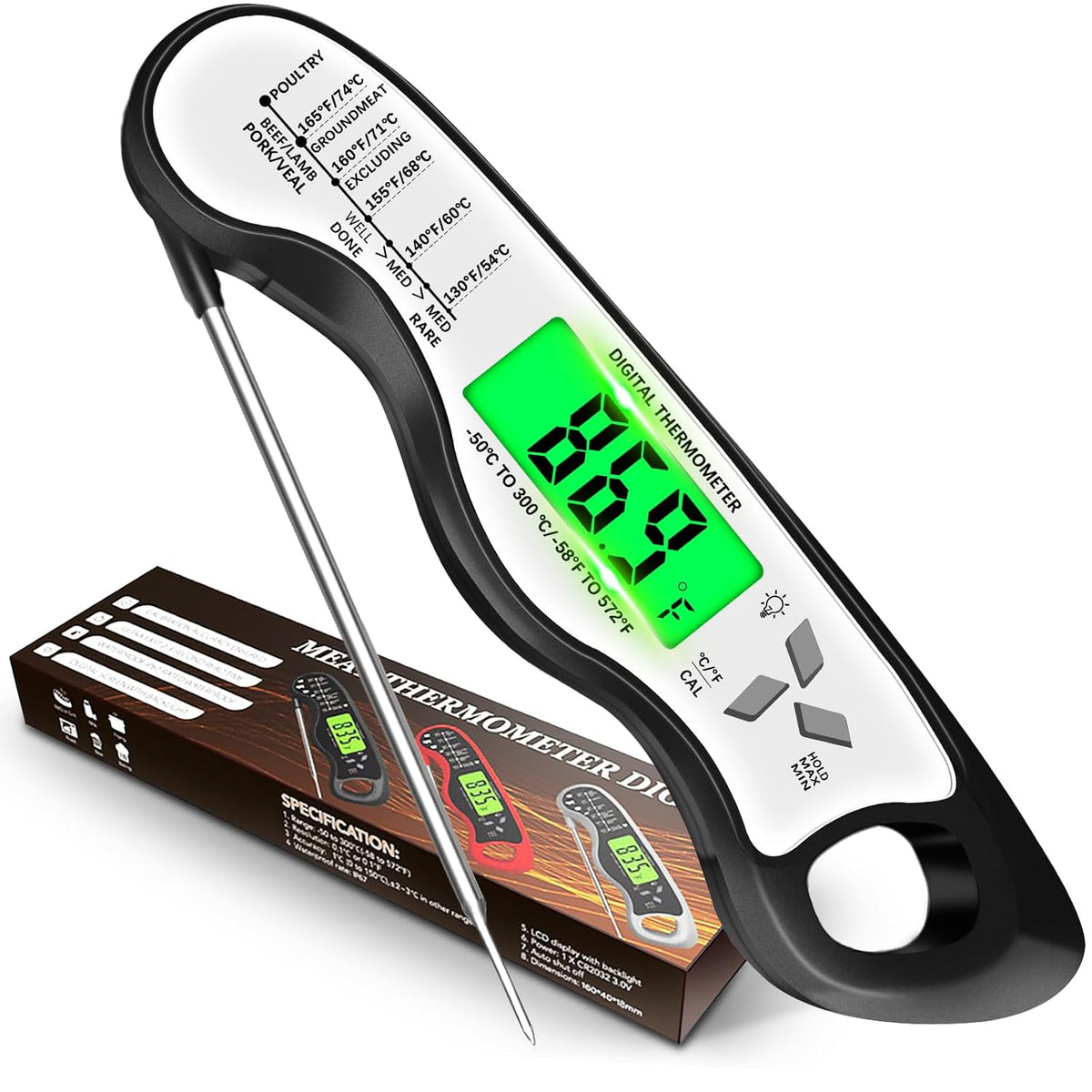 Meat Thermometer Digital，IP67 Waterproof Cooking Thermometer with Backlight, Calibration & Hold Function，Food Thermometer for Cooking,Outdoor Grilling，Suitable as Stocking Stuffers for Men