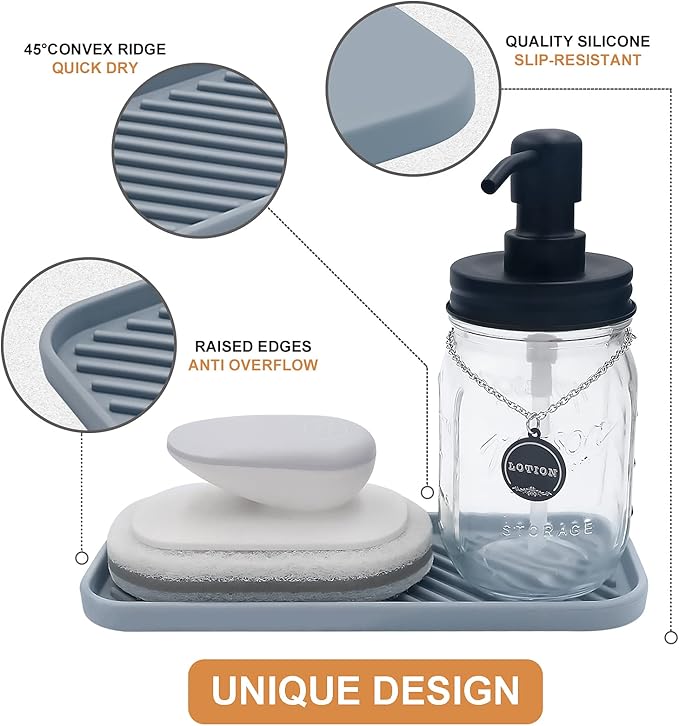 Silicone Organizer Tray, Soap and Sponge Holder for Kitchen Sink, Bathroom - Storage Tray for Dish Brush, Soap Dispenser, Dishwashing Accessories- 2 Pack (Gray)