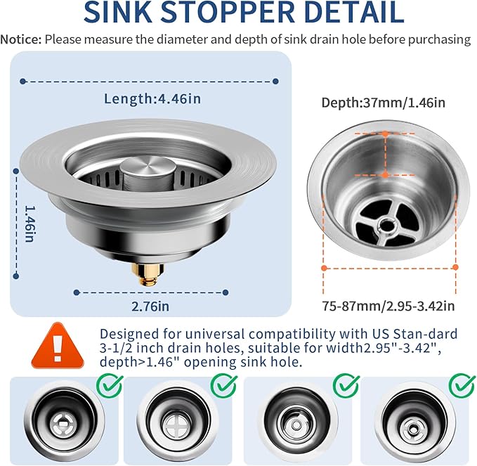 3-in-1 Kitchen Sink Drain Strainer & Sink Stopper - 304 Stainless Steel Pop Up Sink Drain Strainer, Anti-Clogging Kitchen Sink Stopper with Fast Drain Design, Fits Standard 3-1/2'' Sink Drains
