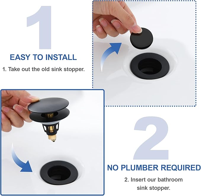 Universal Bathroom Sink Stopper - Pop Up Sink Drain Stopper, Push Button Flixfilter Sink Drain Stopper Replacement, Wash Basin Drain Filter Plug Anti-Clogging Basket, Matte Black