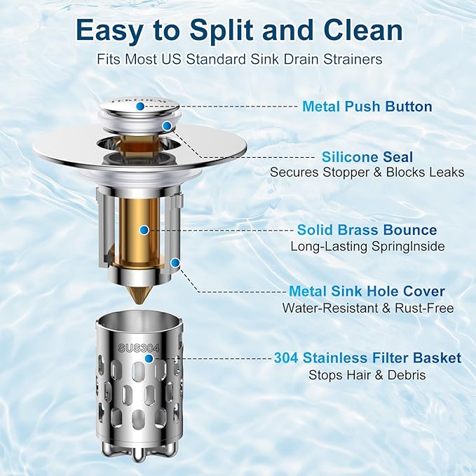 Bathroom Sink Drain Strainer,All Metal Pop-Up Sink Stopper with Removable Stainless Steel Filter Basket, Universal Bathroom Hair Catcher Fit for 1.1-2.36'' Drain(Silver, 1 Pack)