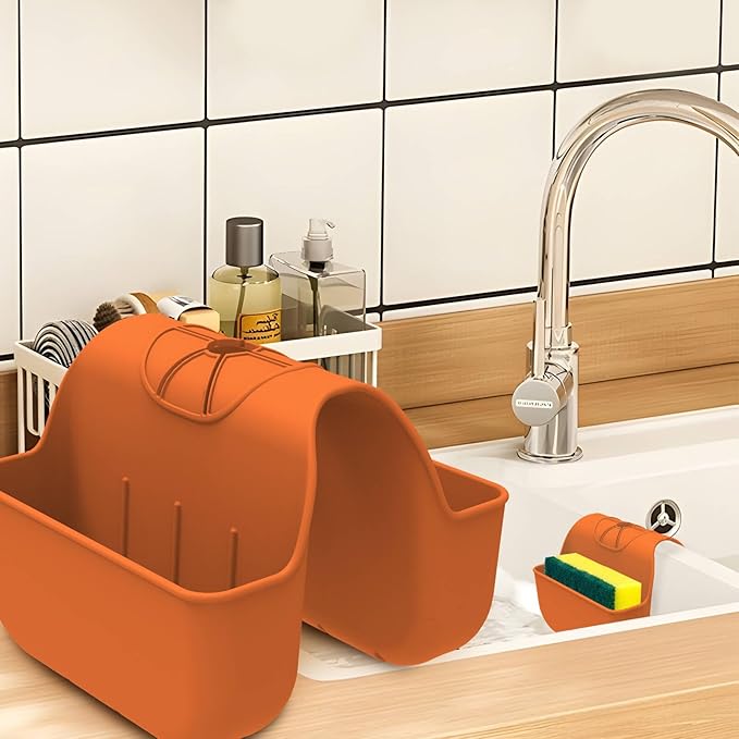 Sponge Holder for Kitchen Sink, Silicone Sink Saddle Caddy Organizer Rack, Sponges Holder Over Faucet, Hanging Kitchen Organizer Accessories Rack Basket Orange