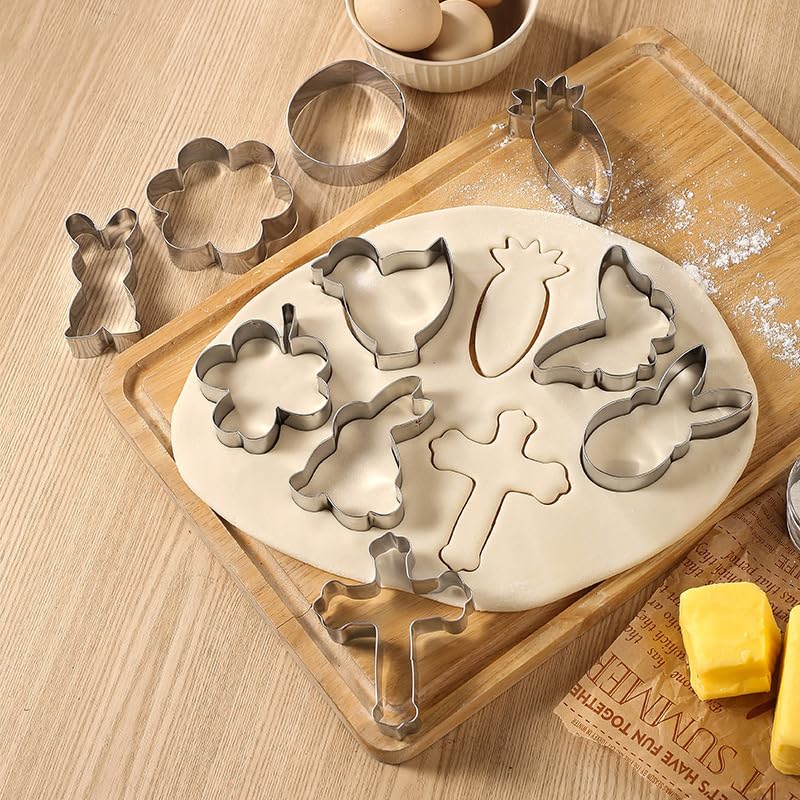 Easter Cookie Cutter Set - 10 pieces - Easter Bunny, Egg, Chick, Carrot, Rabbit, Bunny Face, Holy Cross, Leaf, Flower, Butterfly Shapes - Stainless Steel Biscuit Molds for Spring Holiday Baking
