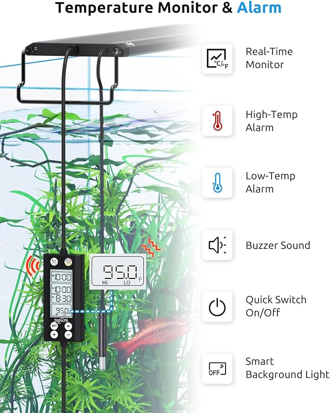 SEAOURA LED Aquarium Light, 12-18in Full Spectrum Lights for Fish Tank with Thermometer, 24/7 Programmable with Power Off Memory, WRGB Custom, 20 Level Brightness for Freshwater Aquariums
