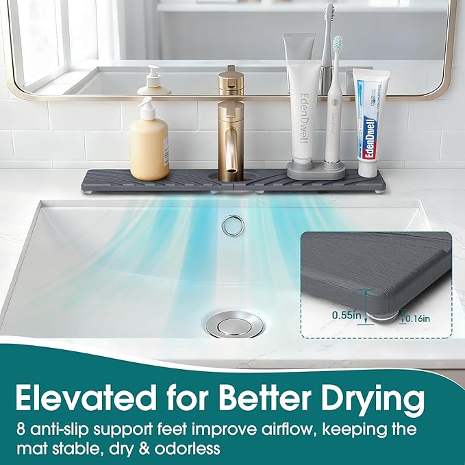 Quick Dry Stone Faucet Mat for Kitchen Sink - 15.8"x3.9" Natural Diatomite Stone Drying Mat for Kitchen Counter Bathroom Dish Dry Mat Auto Drainage Sink Protector (Dark Grey)