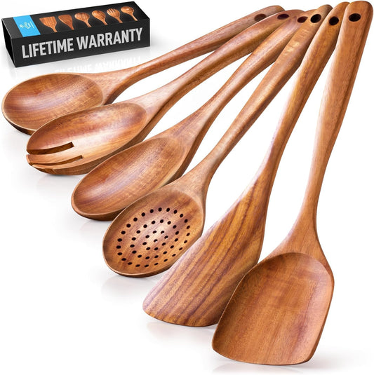Zulay Kitchen 6-Piece Wooden Spoons for Cooking - Smooth Finish Teak Wood Utensils - Soft Comfort-Grip Cooking Wood Spoons Non-Stick Teak Easy to Clean Utensils Heat Resistant Non-Scratch Spoon Sets