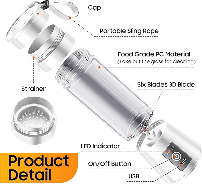 2026 Newly Upgraded Portable Smoothie Blender - Cordless Personal Blender Type-C Rechargeable, 13Oz Juice Cup BAP Free, 20,000Rpm Speed Powerful Blending, Freshly Squeezed in Sports/Office