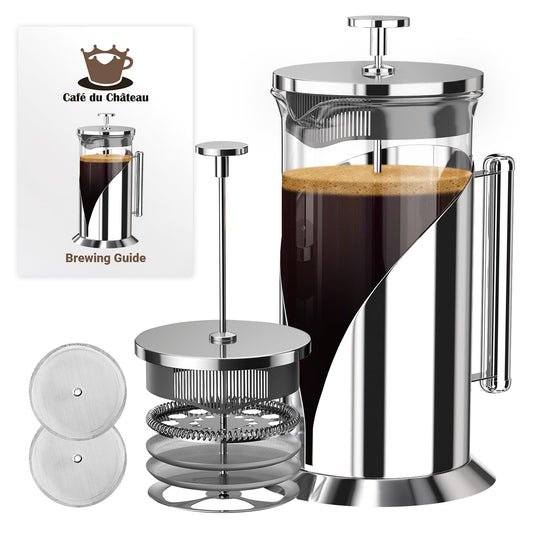 Cafe Du Chateau Stainless Steel French Press Coffee Maker 34 oz - Easy to Use Insulated Coffee Press with 4-Level Filtration, Manual Brewer for Tea, Camping & Travel with BPA Free, Durable Clear Glass