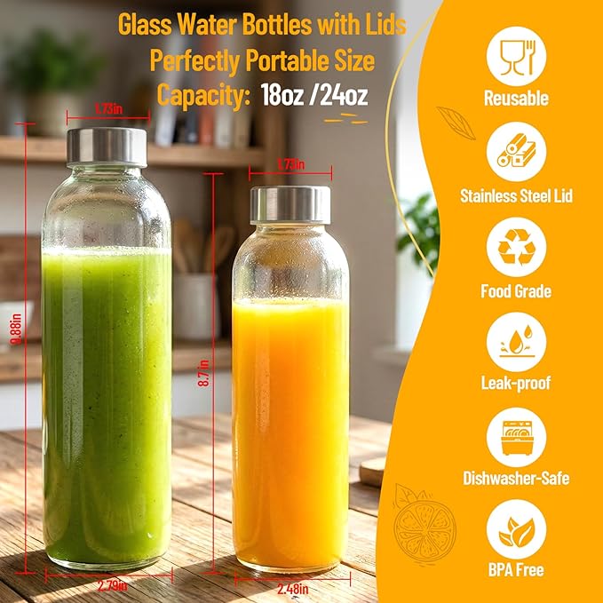 Luxfuel Clear Glass Bottles with Lids 18 oz, Reusable Glass Water Bottles with Stainless Steel Cap for Refrigerator, Juicing, 100% Leak Proof, BPA Free, Juice Bottle Drinking Jar Containers Set of 3
