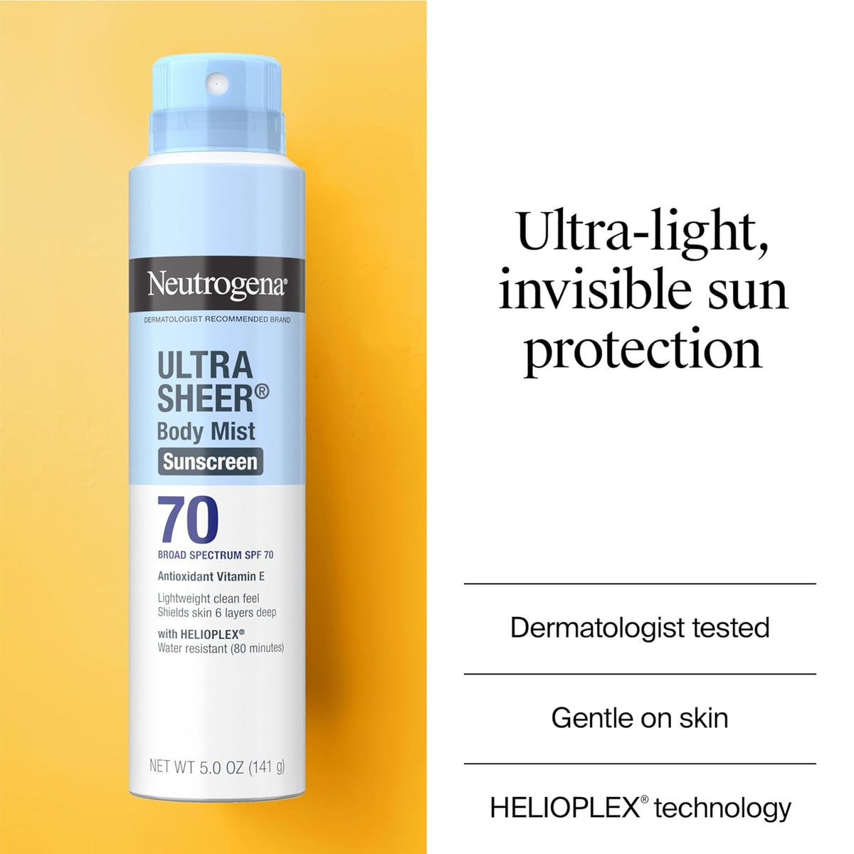 Neutrogena Ultra Sheer Body Mist Sunscreen Spray, Broad Spectrum SPF 70, Lightweight Spray Sunscreen, Non-Greasy & Water Resistant, Oil-Free & Non-Comedogenic UVA/UVB, 5 oz, Pack of 3