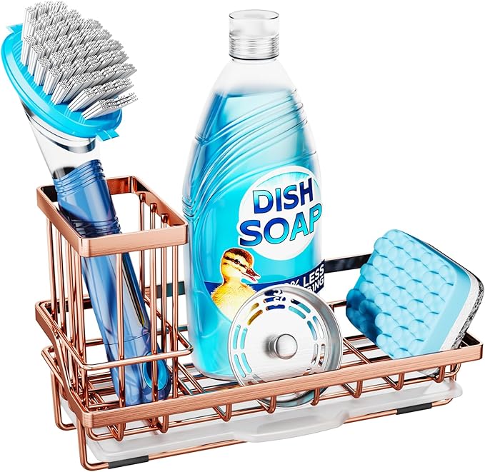 Consumest Sponge Holder for Kitchen Sink - Sink Caddy Kitchen Organizer with Removable Drip Tray for Countertop Dish Soap Dispenser Brush Storage Accessories 304 Stainless Steel, Rose Gold