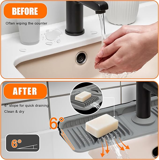 24" Silicone Faucet Mat for Kitchen Sink,7° Draining Mat with Snap Button Lock,Faucet Splash Guard and Sink Counter Organizer,Trim-to-Fit Kitchen Faucet Protector for Sponge Brush Cup
