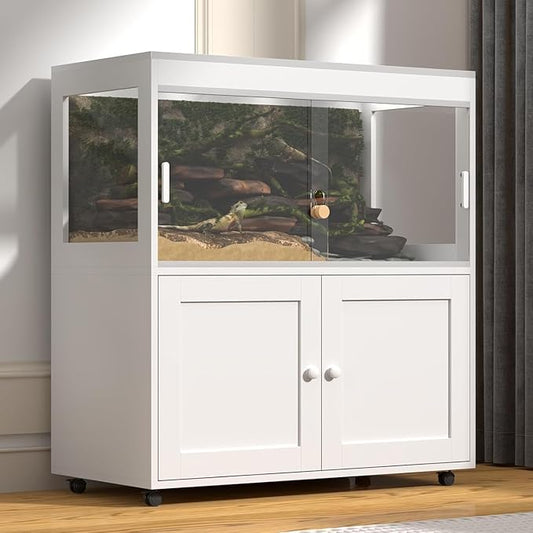 Large 60 Gallon Reptile Terrarium with Storage Cabinet and Sliding Door Handle, Reptile Tank with Wheels & Metal Mesh Roof Door – Ideal Habitat Enclosure for Snakes, Lizards, and Geckos